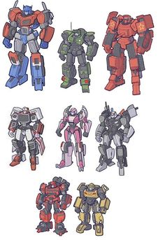 six different types of robot action figures