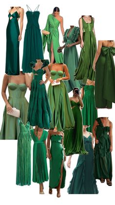 many different green dresses are shown in this image, including one woman's dress and the