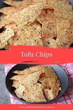 an image of homemade tofu chips in a black bowl on a red and white checkered table cloth