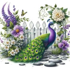 a painting of a peacock with flowers and rocks in front of a picketed fence