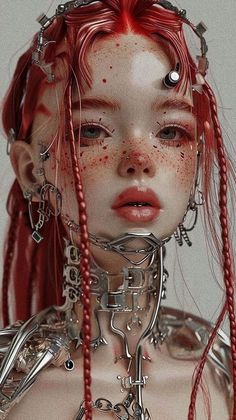 a woman with red hair and piercings on her face is wearing chains around her neck