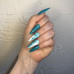 Turqoise Nails Almond, Blue Nails Vacation, Green Acrylic Nails Ideas, Green Teal Nails, White And Turquoise Nails, Teal Nails Design, White And Teal Nails, Tie Dye Nails Acrylic, Teal And White Nails