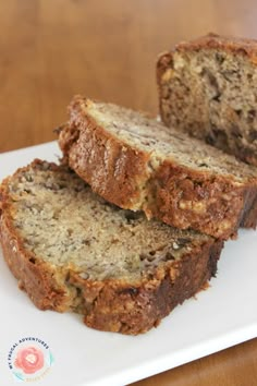 three slices of banana bread on a white plate