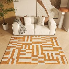 an orange and white rug in a living room