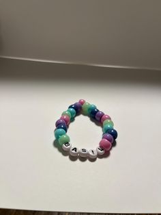 Handmade rainbow kandi bracelet with gold beads Omori Kandi, Rainbow Kandi, Basil Omori, Pony Bead Bracelets, Kandi Bracelets, Pony Beads, Bead Bracelet, Gold Beads, Basil