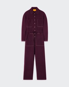 Women's plum-colored cashmere coverall with embroidered contrast stitching, front and back patch pockets, and signature GIR branding at the center back. Guest In Residence, Inner Mongolia, Mongolia, Back Patch, Cardigan Jacket, Medium Weight, Pullover Sweaters, Sweater Top, Sweaters & Cardigans