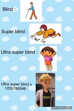 some cartoon characters with different expressions on them, including the words blind and super blind