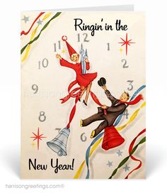 a new year card with two people on top of a clock and the words ringin'in the new year