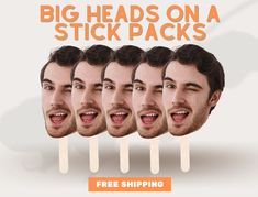 a man with five different facial expressions on his face and the words, big heads on a stick packs free shipping