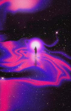 a person standing in the middle of a space filled with pink and purple swirls