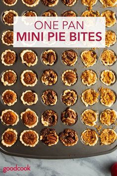 mini pecan pies are lined up on a baking sheet and ready to be baked