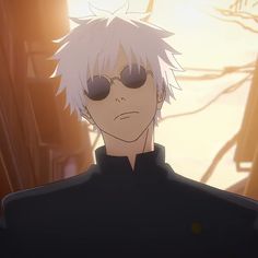 an anime character with white hair and sunglasses