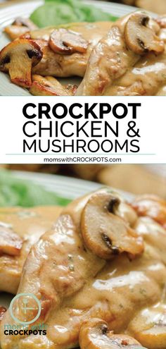 chicken and mushrooms covered in gravy on a white plate with text overlay