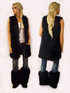 Classic and chic Black Angora faux fur long vest with deep pockets on both sides and hidden hook and eye front closure. Extremely soft and luxurious high quality faux fur! Great fitting and easy to wear makes this the perfect way to add a little style to any dressy or casual attire. Fully lined with high quality satin. 100% high quality soft faux fur. Hand made in the USA. Sizes available in S, M, L, XL Hand wash cold, hang to dry. Most items from our shop ship within 1-2 business days. VIEW PIC Sleeveless Fur Coat With Faux Fur Lining For Fall, Sleeveless Faux Fur Coat For Fall, Sleeveless Fur Coat With Faux Fur Trim For Fall, Black Fur Vest Outfits For Women, Faux Fur Long Vest, Sleeveless Faux Fur Coat, Fitted Faux Fur Vest With Faux Fur Lining, Sleeveless Faux Fur Coat With Fur Trim, Sleeveless Fur Coat With Faux Fur Trim