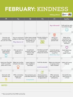 Finish out February with Greatist and @kindsnacks #28daysofkind Months Activities, New Year Fitness, Challenge Calendar, Goal Sheet, Daily Stoic, Minimalism Challenge, February Challenge, Kindness Challenge, Smart Snacks