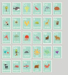 a poster with different animals and letters on it's sides, including the names