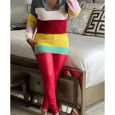 Color Block Sweater Casual Stretch Knitted V-neck Sweater, Trendy Stretch Sweater For Layering, Trendy Acrylic Sweater For Layering, Trendy Stretch Knit Top For Winter, Trendy Chunky Knit V-neck Long Sleeve Sweater, Trendy Long Sleeve Sweater For Cold Weather, Casual Striped V-neck Sweater With Long Sleeves, Winter Striped V-neck Sweater With Long Sleeves, Striped Long Sleeve V-neck Sweater For Winter