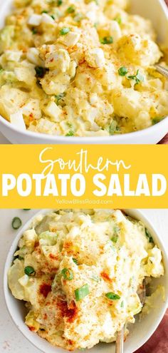 two bowls filled with potato salad and the words southern potato salad in yellow above them