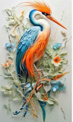 a painting of a bird with orange and blue feathers on it's head, surrounded by flowers