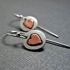 Sweetheart Earrings Sterling Silver with by NinaGibsonDesigns Found Object Jewelry, Silver Casting, Metal Jewelry Making, Silver Jewlery, Copper Heart, Cleaning Silver Jewelry, Mixed Metal Jewelry, Fine Silver Jewelry, Jewellery Inspiration