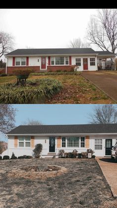 before and after photos of a house with red shutters on the front, side by side