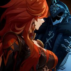 two anime characters one with red hair and the other wearing black armor, standing next to each other