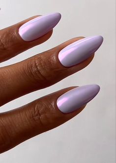 Glazed Lavender Nails, Periwinkle Purple Nails, Chrome Nails Pastel, Periwinkle Nails Chrome, Periwinkle Nail Designs, Milky Nail Colors, Lavender Chrome Nails Almond, Pretty Almond Nails Trendy, Periwinkle Chrome Nails