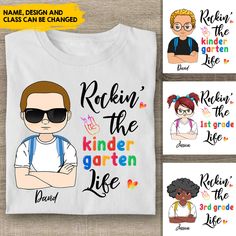 Rockin' The Kindergarten life Kids T-shirt is the perfect item for Your children or grandchildren to wear as a way to proudly talk about their happy to back to school. It will surely brighten up your kid's day Specifications: Youth 100% Cotton T-Shirt 5.3-ounce, 100% cotton (90/10 cotton/poly (Sport Grey) Seamless double-needle 3/4 inch collar Taped neck and shoulders; Tearaway label Decoration Type: DTG Size Chart Toddler Jersey T-Shirt 4.5 oz. 100% combed ringspun cotton jersey; Heather is 93% Custom Flags, Tshirt Funny, Special Characters, Gift For Kids, School Days, Grandchildren, Jersey T Shirt, On Back, Jersey Shorts