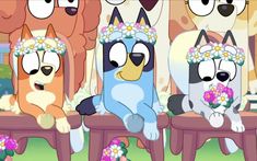 three cartoon cats sitting on chairs with flowers in their hair and one cat wearing a flower crown