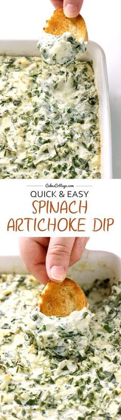 spinach artichoke dip in a white casserole dish with a cracker