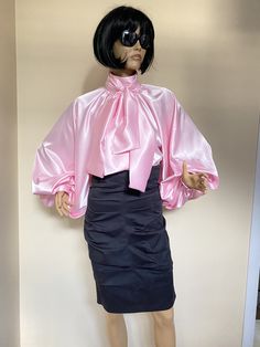 "This is a very stylish Womens Satin blouse. It is comfortable and cozy. Made for a free flowing fit. Great for all year around and for any special occasion or casual day can be dressed up or dressed down. SIZE CHART SIZE S - US 6, UK 8, EU 36 bust: bust around 34.5\"/90cm Waist: waist around 27.5\"/70cm Hips: hips around 34.5\"/90cm SIZE M - US 8, UK 10, EU 38 bust: bust around 37.5\"/95cm Waist: waist around 29.5\"/75cm Hips: hips around 37.5\"/95cm SIZE L - US 10, UK 12, EU 40 bust: bust arou Satin Bow Blouse, Puffy Sleeves Blouse, Black Satin Blouse, Bishop Sleeve Blouse, Victorian Collar, Pink Cocktails, Pink Cocktail, Sleeves Blouse, Satin Blouses