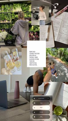 a collage of photos with people doing different things in them, including books and drinks