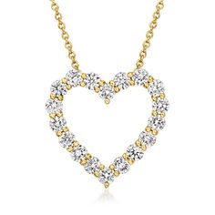 Ross-Simons - 1.00ct t. w. Lab Grown Diamond Heart Pendant Necklace in 14kt Yellow Gold. 16". Showcasing a timeless symbol of love, this modern design offers more sparkle for less. Our dazzling heart pendant necklace shimmers with 1.00 ct. t. w. round brilliant-cut lab-grown diamonds in polished 14kt yellow gold. Suspends from a cable chain with a 2" extender. Lab-grown diamonds are identical to mined diamonds according to their optical, physical and chemical properties. All Ross-Simons lab-grow Classic Heart Pendant Diamond Necklace With Prong Setting, Classic Open Heart Necklace With Brilliant Cut, Brilliant Cut Yellow Gold Diamond Necklace For Valentine's Day, Classic Necklace With Brilliant Cut Open Heart, Classic Diamond Cut Open Heart Necklace, Classic Brilliant Cut Necklace For Valentine's Day, Classic Heart-shaped Diamond Necklace, Classic Diamond Cut Necklace For Valentine's Day, Formal Valentine's Day Diamond Necklace With Prong Setting