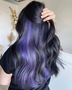 Peekaboo Hair Colors 2025: 25 Trendy Ideas for All Hair Lengths & Styles Black Hair With Purple Highlights Short, Hair Dye Inspo For Black Hair, Purple Underlayer Hair, Brown Hair Peekaboo Highlights, Dark Purple Peekaboo Hair, Black Hair With Color Underneath, Dark Hair With Color Underneath, Under Dye Hair