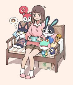 a woman is sitting on a bed with stuffed animals and toys in front of her