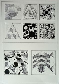 some black and white pictures on a sheet of paper with circles, shapes, and lines