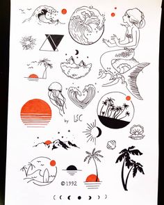 a piece of paper that has various designs on it, including palm trees and sun