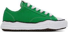 Low-top cotton canvas sneakers in green. · Round rubber cap toe · Lace-up closure · Logo flag at tongue · Twin eyelets at inner side · Canvas lining in off-white · Sculptural foam rubber midsole · Treaded rubber outsole · Contrast stitching in white Supplier color: Green Maison Mihara Yasuhiro, Maison Mihara, Dr Shoes, Canvas Sneakers, Contrast Stitch, Luxury Streetwear, Low Top, Top Sneakers, Designer Fashion