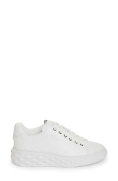 A lightweight platform wedge textured to resemble the facets of a cut diamond give this whiteout sneaker an elevated boost. Removable insole Lace-up style Leather upper and lining/rubber sole Made in Italy Designer Shoes Modern White Platform Sneakers With Textured Sole, Luxury White Platform Sneakers With Textured Sole, White Leather Wedge Sneakers With Perforated Toe Box, Modern White Platform Sneakers With Embossed Logo, Modern White Leather Wedge Sneakers, Modern White Synthetic Wedge Sneakers, Diamond Lighting, Platform Sneaker, Platform Wedge