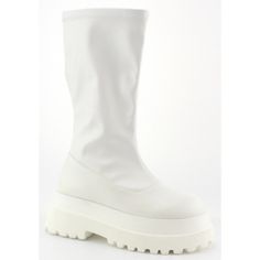 Womens Lug Sole Platform Chunky Sock Boots White Pu Spring Chunky Platform Knee-high Boots, Spring Knee-high Chunky Platform Boots, White Chunky Platform Winter Boots, White Chunky Platform Boots For Winter, White High-top Boots With Thick Bottom, White Mid-calf Boots For Winter, White Mid-calf Boots With Medium Width And High Ankle, White Mid-calf Boots With Medium Width, Casual Mid-calf Platform Boots For Spring