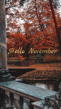 an autumn scene with the words hello november