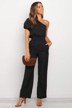 LANCEY JUMPSUIT - BLACK - Petal & Pup USA 20 Year Class Reunion Outfits For Women, Black Romper Outfit Dressy, Black Jumpsuit Outfit Ideas, High Waist Jumpsuit, Shoulder Puff Sleeve, Pocket Jumpsuit, Solid Jumpsuit, One Shoulder Jumpsuit, Jumpsuit Dressy