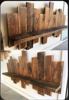 two pictures of wooden shelves made out of wood planks, one is hanging on the wall