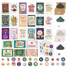 many different greeting cards and stickers are arranged on top of each other in this collage