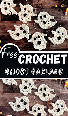 the crochet ghost garland is made with white yarn and black dots on it