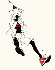 an artistic drawing of a woman in black and white with red shoes flying through the air