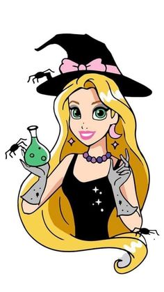 a cartoon girl with long blonde hair wearing a witches hat and holding a green bag