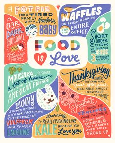 a colorful poster with words and pictures on the front, in different languages that say food is love