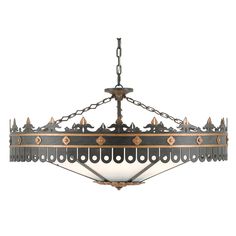 a large chandelier hanging from the ceiling with an ornate design and metal accents