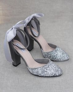 Silver Glitter Low Heel Wedding Shoes, Sparkling Silver Ankle Strap Wedding Shoes, Silver Wedding Shoes With 4-inch Heel For Summer, Silver Wedding Shoes With 4-inch Heel And Ankle Strap, Glamorous Silver Wedding Shoes With 4-inch Heel, Silver Heels Prom, Bow Women, Pointy Toe Flats, Prom Heels